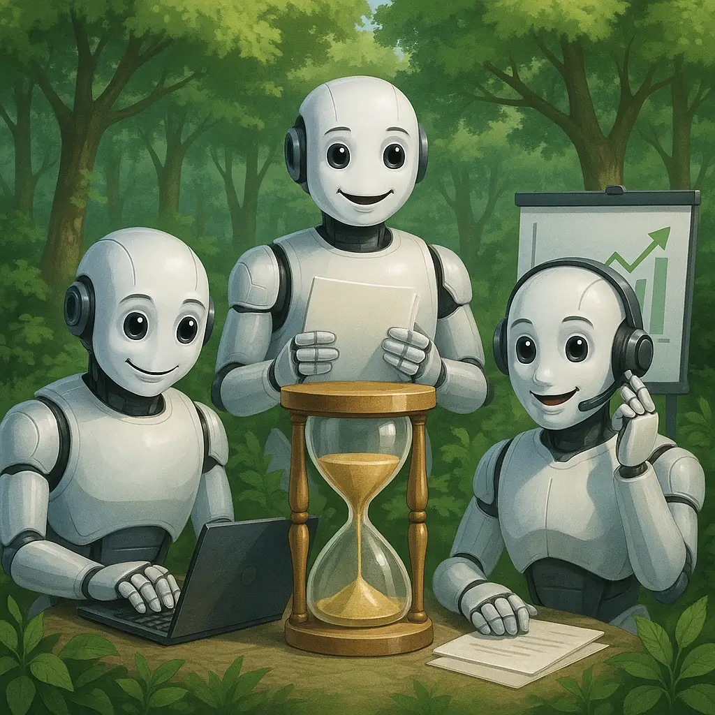 AI robots working together with hourglass timer, representing time-saving automation solutions